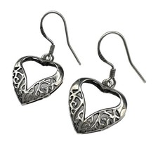 925 Sterling Silver Open Heart Dangle Pierced Hook Earrings 1 1/4"