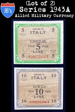 (Lot of 2) 1943 Allied Military Currency Italy  5 & 10 LIRE World War II (XF/AU)