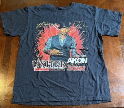 Usher OMG Tour 2011 Feat. Akon Black Vintage T-Shirt Size M Double Sided Rap T