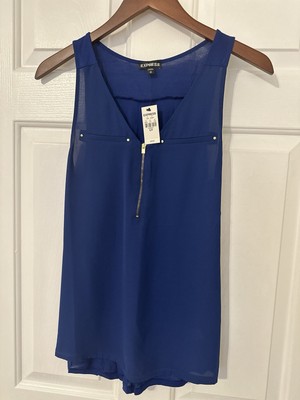 NWT Express Blue Sleeveless Blouse With Gold Metal Accents - Size Small