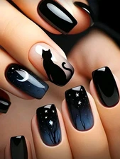 Press-On Nails Halloween Midnight Black Cat Medium - Squared Finish