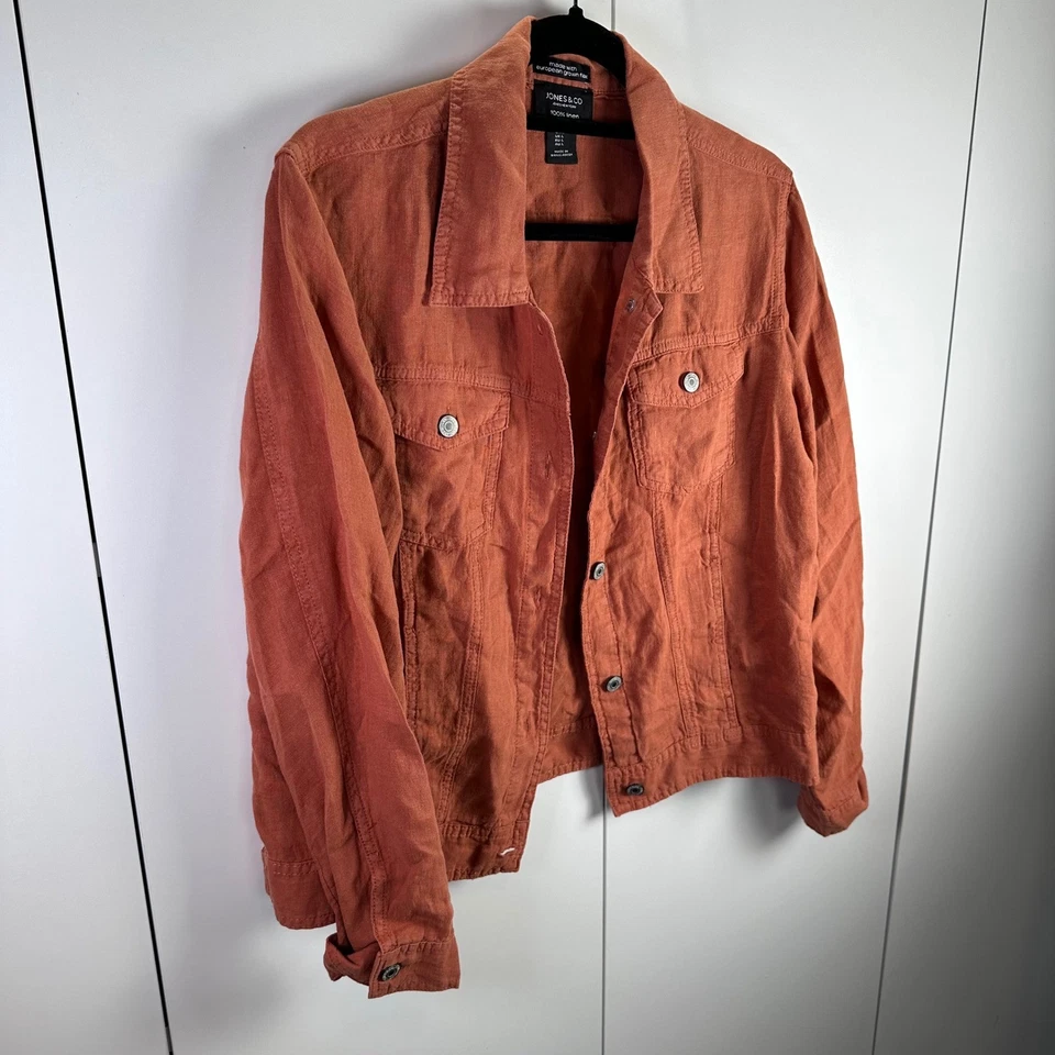Jones New York Mujer L Óxido 100% Lino Botón Delantero Camionero Chaqueta Country Boho Foto 3 de 4