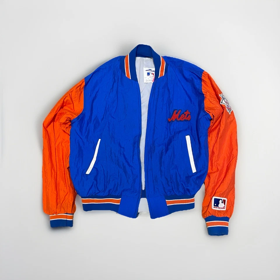 Jaqueta bombardeiro de cetim vintage anos 80 anos 90 MLB NEW YORK METS PIRÂMIDE AUTÊNTICA S/M EUA - Imagem 2 de 4