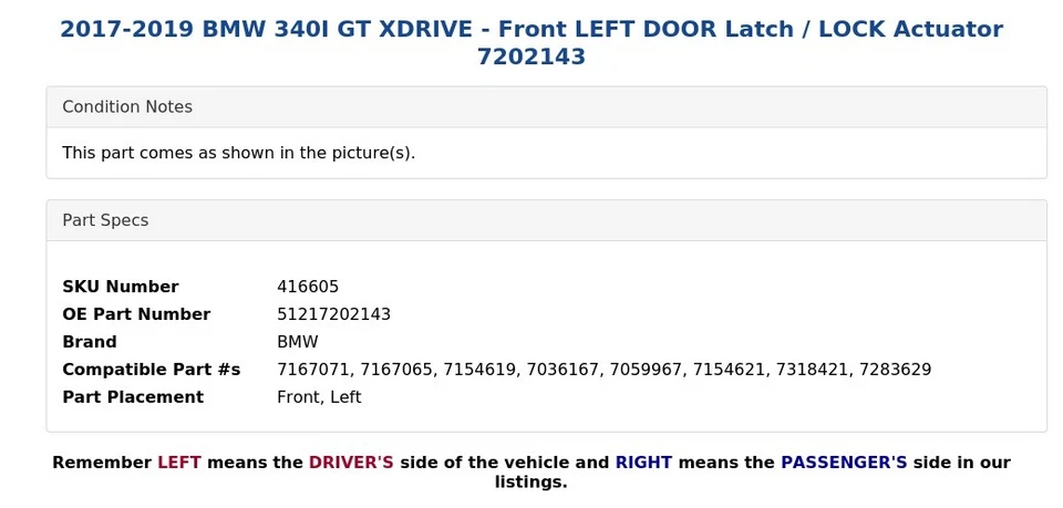 BMW 340I GT XDRIVE 2017-2019 - Pestillo de puerta delantera izquierda / Actuador de bloqueo 7202143 Foto 4 de 4
