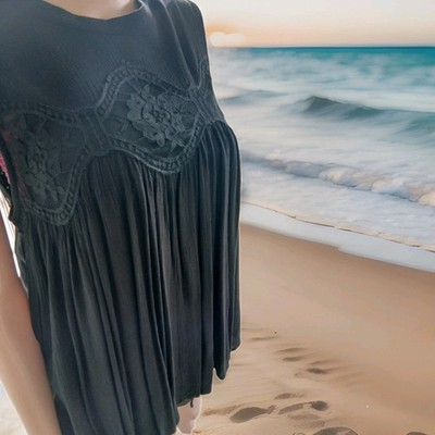 L40/42schwarz2-Lagig Top Shirt Tunika Bluse Spitze Musselin Boho Festival Hippie