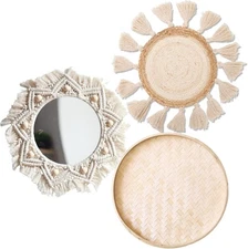 Boho Wall Basket Decor Set - Flat Woven Macrame Tapestry, Mirror White Round Tas