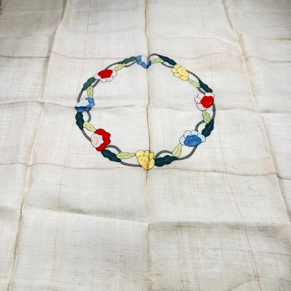 vintage embroidered tablecloth floral wreath 50" square mcm retro 70s 50s 60s - Image 2 of 4