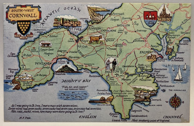 South-West Cornwall, England, As I Was Going to St. Ives, Vintage Map Postcard