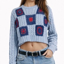 Vintage Liz Wear Patchwork Sweater Blue Size Small