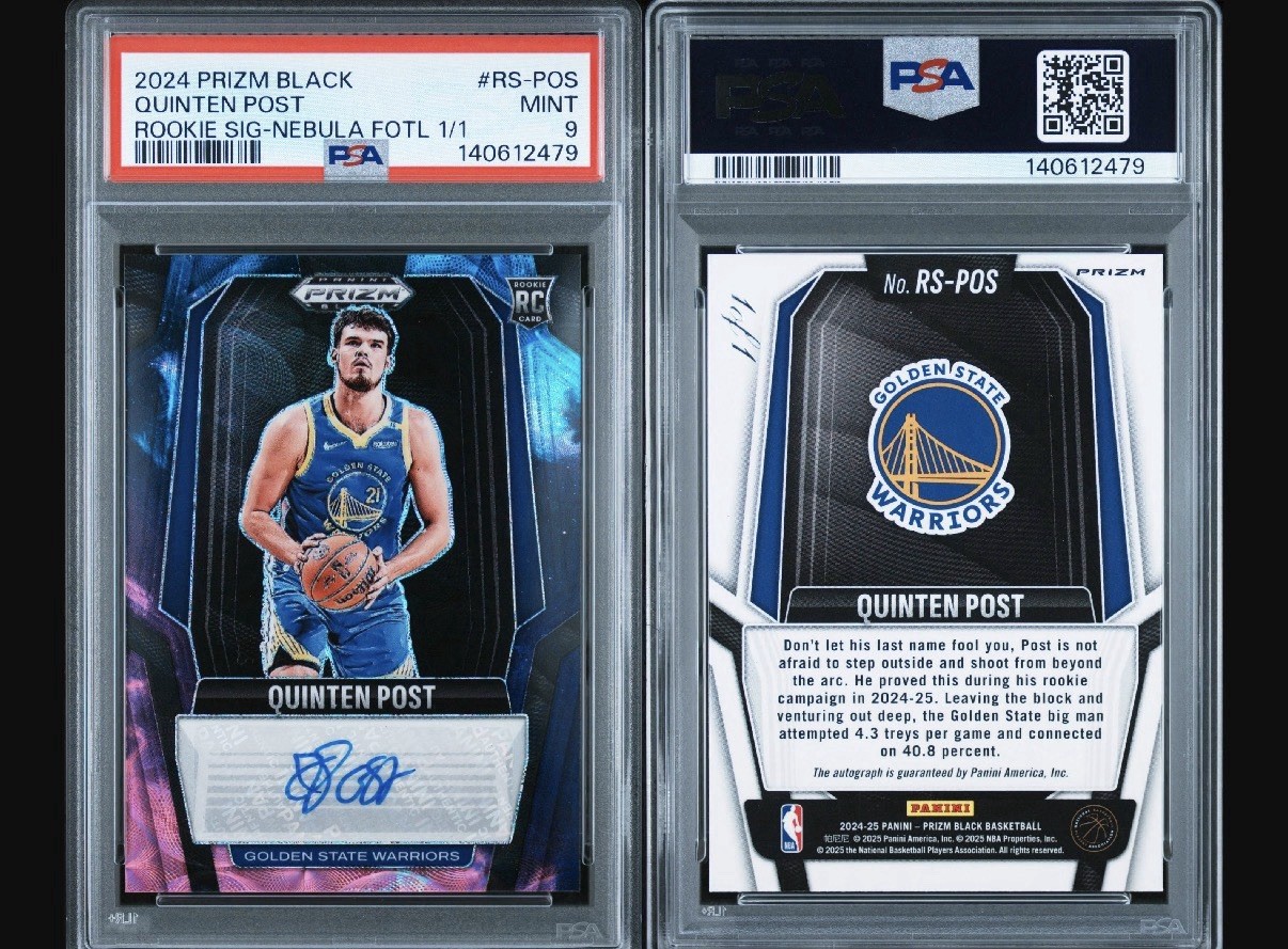 2024-25 Prizm Black Quinten Post NEBULA AUTO #1/1  FOTL Rookie/RC Warriors PSA 9