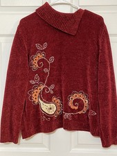 Alfred Dunner Red Paisley chenille sweater with floral embroidery. Women  s Large
