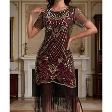 1920s vintage short sleeved sequined tassel dress suitable for parties, banquets