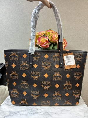 #ad #ad MCM Aren Tote in Black amp; Cognac Maxi Diamond Visetos Pattern NWT Retail $695 $528.00