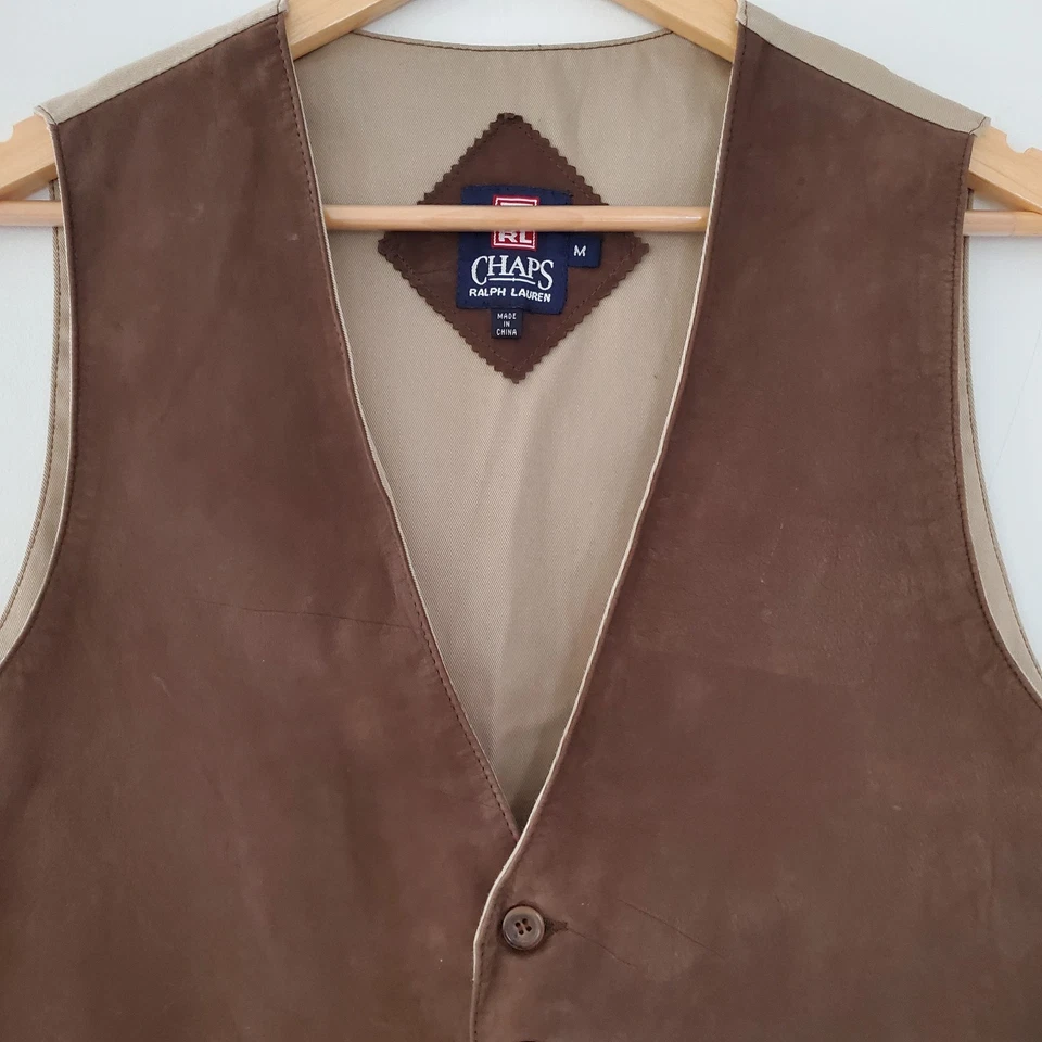 CHAPS RALPH LAUREN Men M Leather Brown Vest Button Western Cowboy Casual VINTAGE - Image 4 of 4
