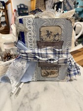 Handmade Blue Vintage Junk Journal with Lace, Floral, Fabric Embellishments