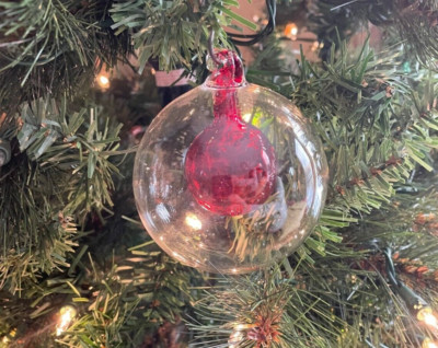 CB2 Crate & Barrel New 3'' Clear Glass Ball Ornament w/ Red Glass Ball Inside