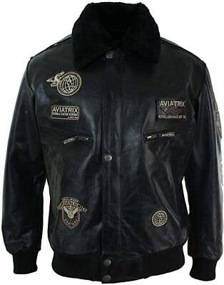 Blouson Noir Cuir Hommes Design Badges Col en Fourrure Style Air  Force