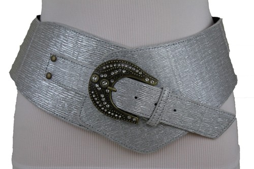 Women Metallic Silver Tone Wide Western 
