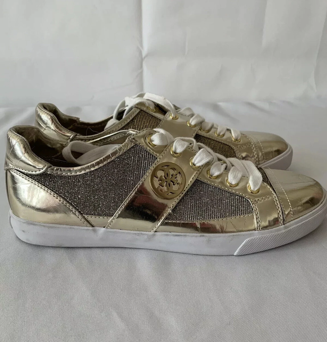 Womens Guess Macby Metallic Gold Tone Sneakers w G Logo Sparkle