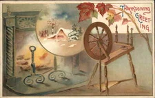 Thanksgiving Spinning Wheel Interior View Embossed Winsch c1910s Postcard