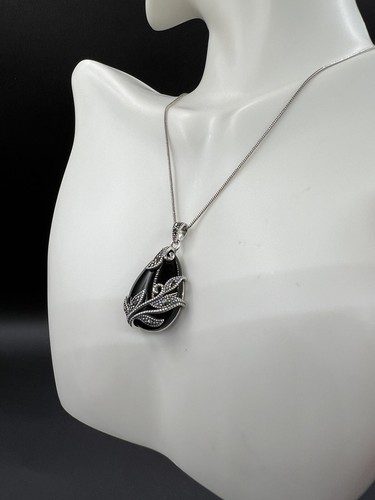 SLC Sterling Silver Black Onyx/Marcasite Pendant, Italian Sterling Chain, 17” - Picture 8 of 11