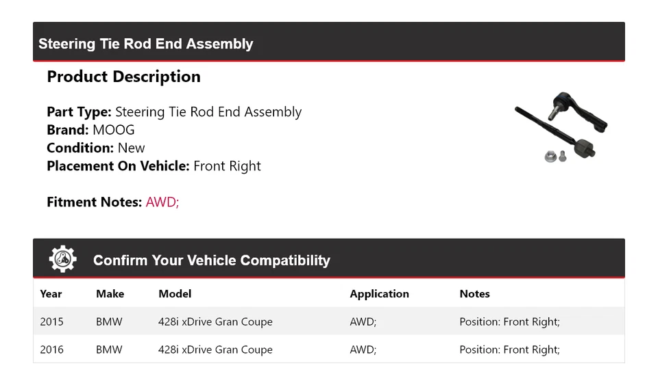 Conjunto de extremo de varilla de amarre de dirección MOOG para BMW 428i xDrive Gran Coupé 2015-2016 Foto 2 de 4