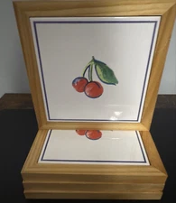 Set of 4 Corelle Fruit Basket (Cherries) Wood Frame Trivet by Corning