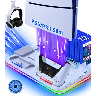 HELLCOOL For PS5 Dualsense Controller Charging Station PS5 Slim Cooling Fan Stand US