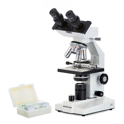 AmScope 40x-1000x Binocular Compound LED Microscope + Mechanical Stage + Slides