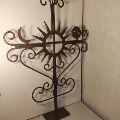 Wrought Iron Rooftop Cross 35''X25'' Exudes Religious Fervor Hand Forged Sun Moon