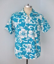 Vtg 60s 70s aqua blue hibiscus floral Hawaiian surfer cotton shirt button loop M