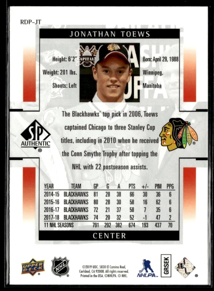 2018-19 SP Authentic 1999-00 Retro Draft Picks Jonathan Toews #RDP-JT H4R2D - Image 2 of 2