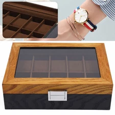 10-Slot Watch Box Wooden Organizer Top Glass Jewelry Storage Display Case+Lock
