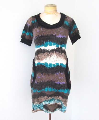 NWT Anthropologie Aryeh Brown Teal Geometric Knit Dress Cable Trim Pockets M - Picture 1 of 5