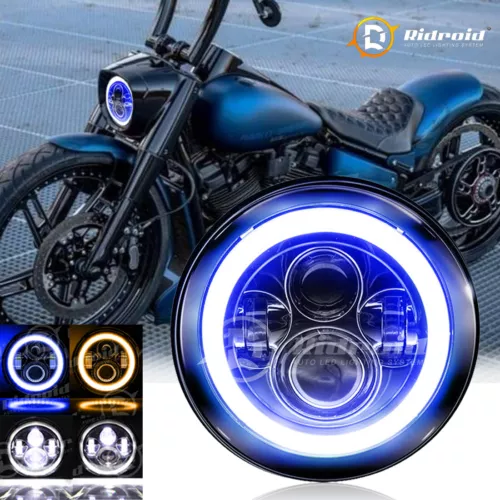 7" LED Headlight Blue DRL Turn Light For Harley Cafe Racer & Indian Motorcycle