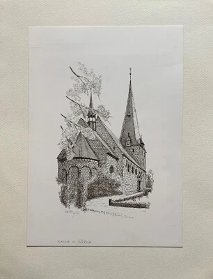 Horst Dumann Federzeichnung St.-Marien-Kirche in Sörup Schleswig Holstein 1996 - Bild 1 von 4
