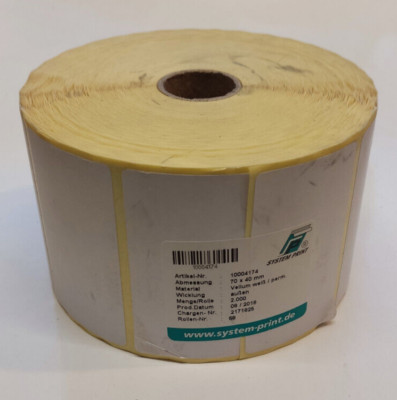 1x System Print Rolle Label 70 x 40 mm 2000 Etiketten Material Vellum Weiss