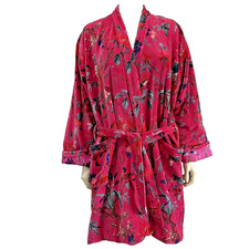 Pink Robe Stylish Bird Velvet Banyan Fabric Kimono Break Up Jacket Boho