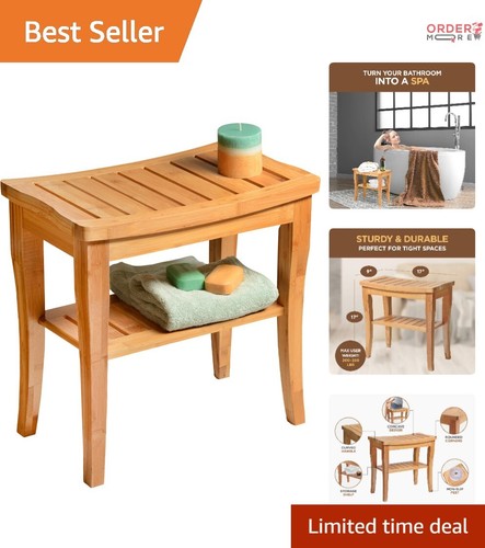 Bamboo Shower Bench 17x17 Non-Slip Stool with Storage Shelf for Bathroom Spa Use