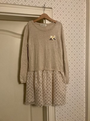 H&M NEU Kleid Strickkleid 134 140 Tüll Pailletten Katze Glitzer Mädchen Gold