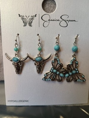 Jessica Simpson Silver Dangle Drop Earrings Turquoise Bull Butterfly Feather Hy 