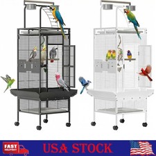 60" Wrought Iron Bird Cage with Rolling Stand, Playtop, Bowls, Slide-Out Tray