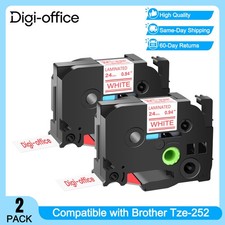 2PK Compatible with Brother P-Touch TZ252 TZe252 Red on White Tape 24mm Label