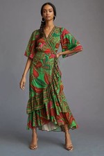 Farm Rio Wrap Maxi Dress Flutter Sleeve Floral Size XS Beach Resort Green Boho