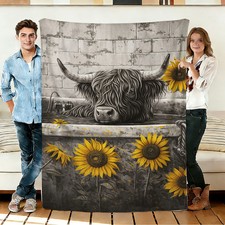 Highland Cow and Sunflower Flannel Blanket Soft Cozy Throws Napping Travel Use