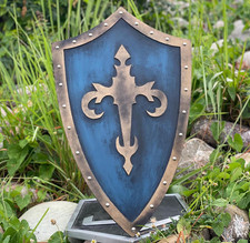 Medieval Templar Wooden Heater Shield Blue Gold Knight Shield LARP & Wall Decor