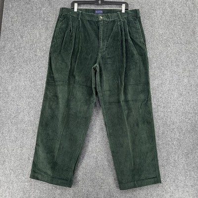 Gant Pants Mens 38 X 30 Green Corduroy Pleated Cotton Relaxed Trousers Casual