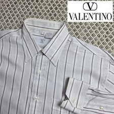 Valentino Uomo Mens Dress Shirt 15.5 33 White Striped 100% Cotton Long Sleeve