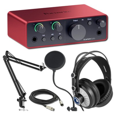 Focusrite Scarlett Solo 4G with StreamEye Cans50 Studio Headphones with Boomarm