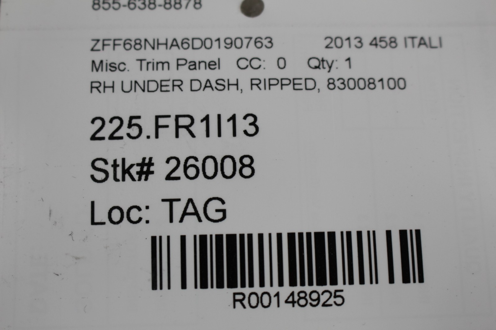 Ferrari 458 Spider Right Under carpet P/N 83008100